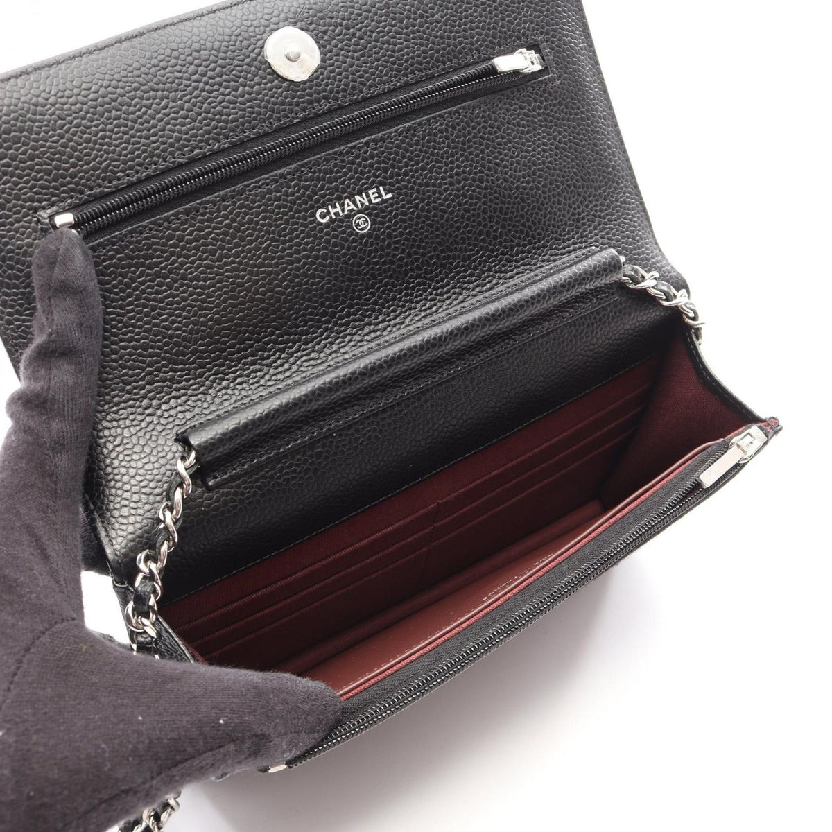 Chanel Shoulder Bag Quilted Black Caviar Leather Chain Wallet — view 3