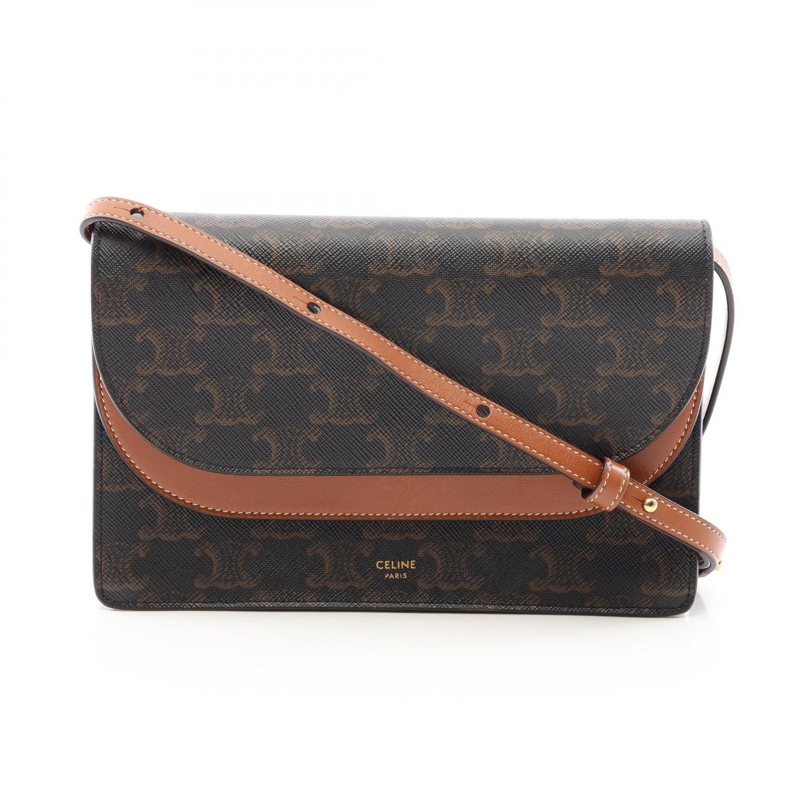 Celine Shoulder Bag Tan Triomphe Black Brown Canvas Leather