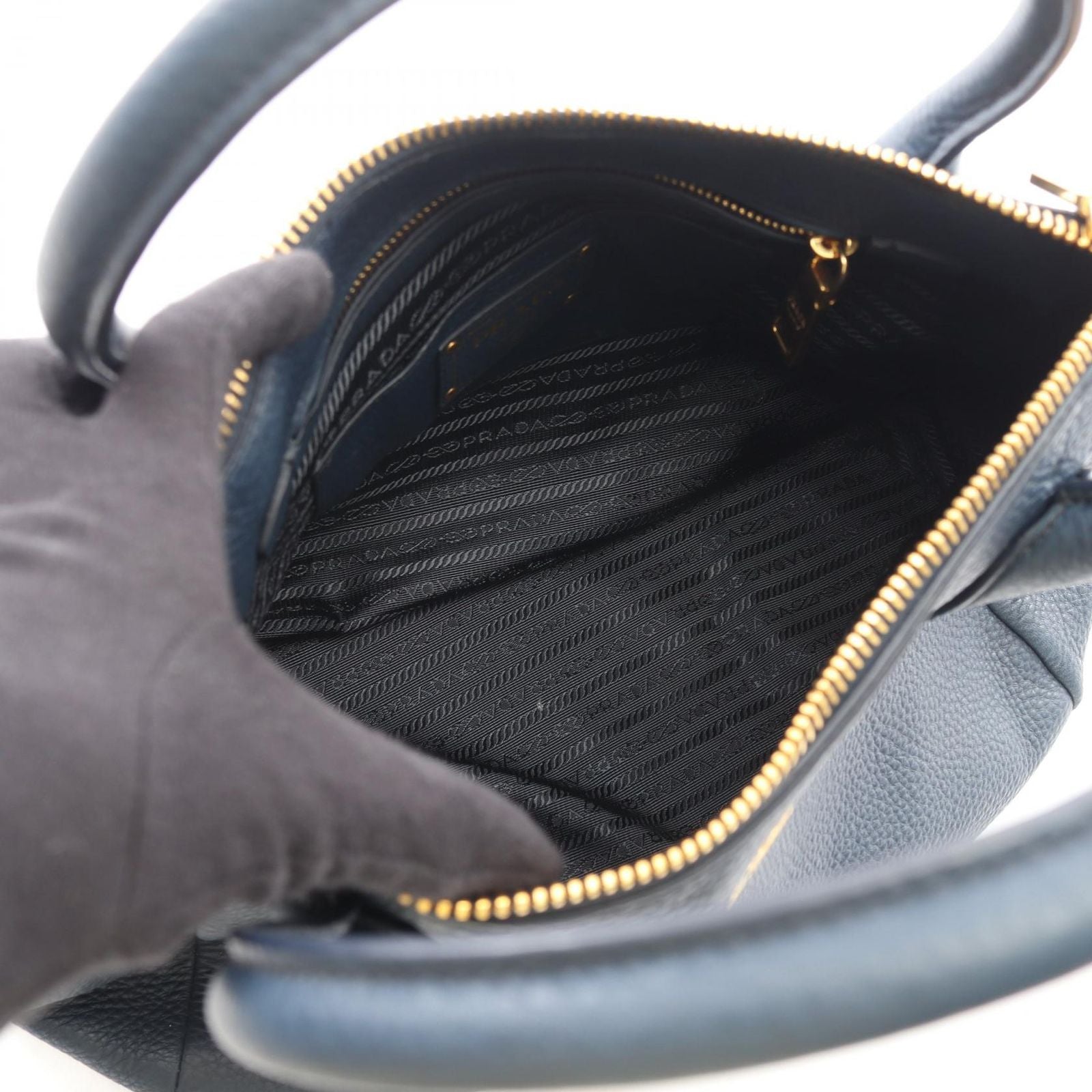 Prada Tote Vitello Daino 2-Way Navy Leather Metal Logo — view 3