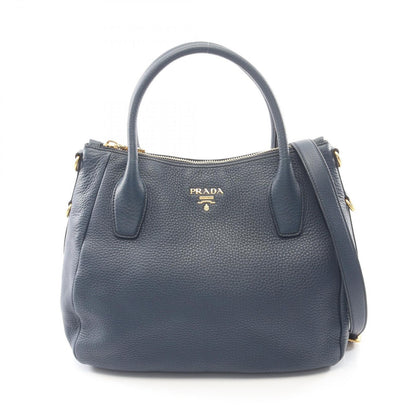 Prada Tote Vitello Daino 2-Way Navy Leather Metal Logo