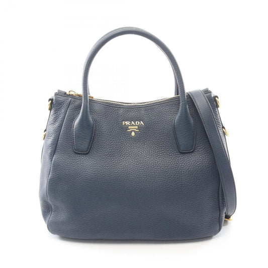 Prada Tote Vitello Daino 2-Way Navy Leather Metal Logo