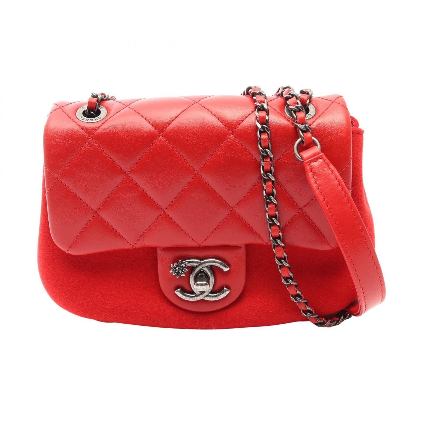 Chanel Shoulder Bag Quilted Small Red Leather Wool Chain
