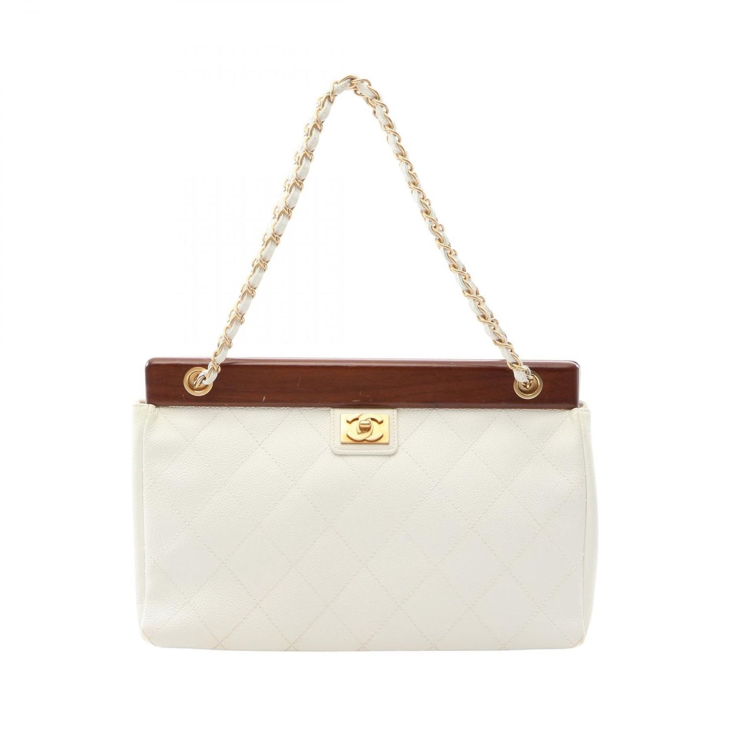 Chanel Handbag Quilted White Brown Caviar Leather Chain