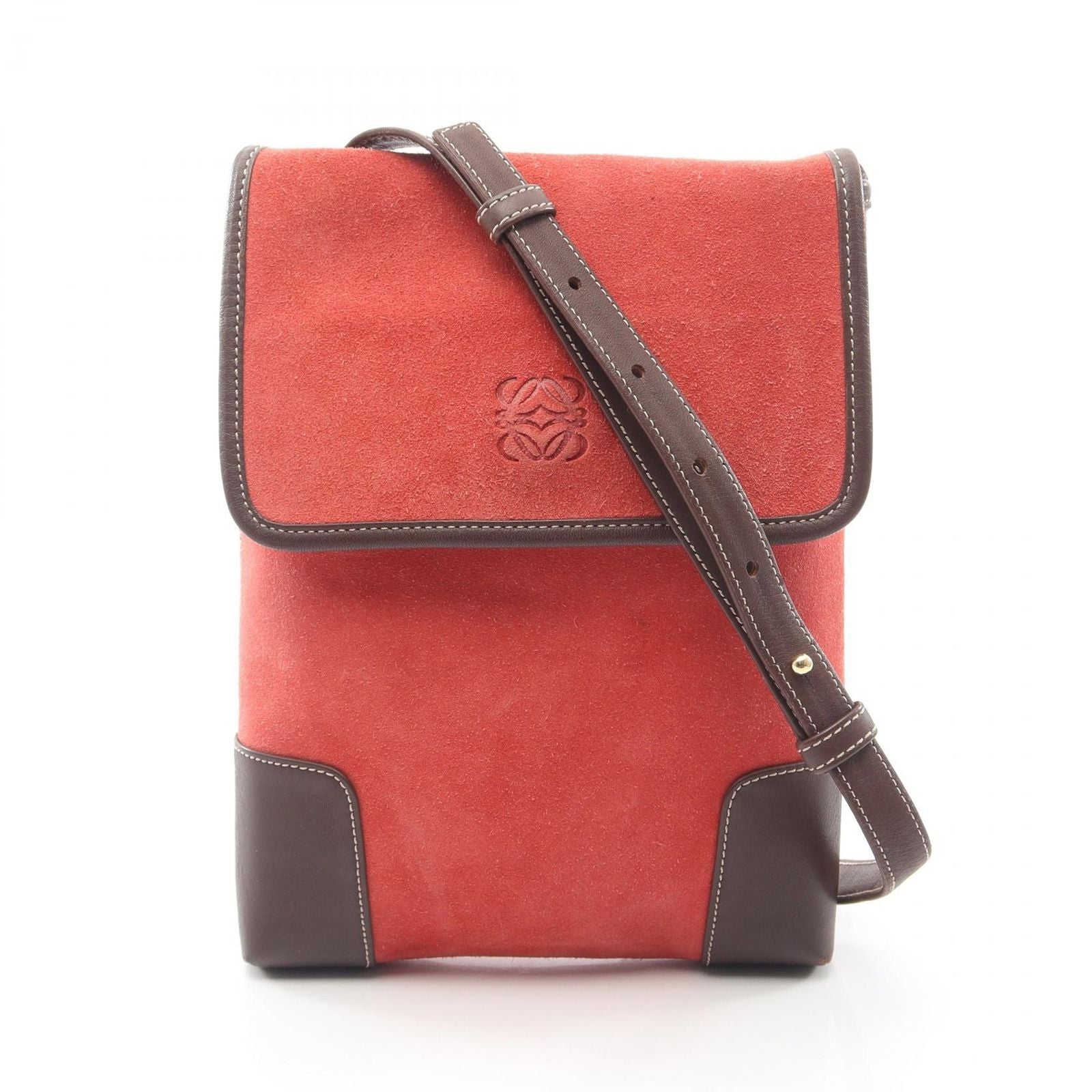 Loewe Shoulder Bag Anagram Red Brown Suede Leather