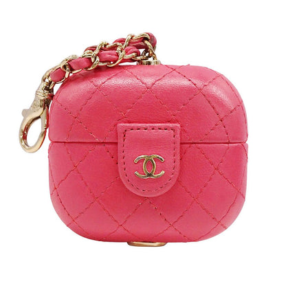 Chanel Quilted Leather Pink Gold Airpods Case Logo Showy
