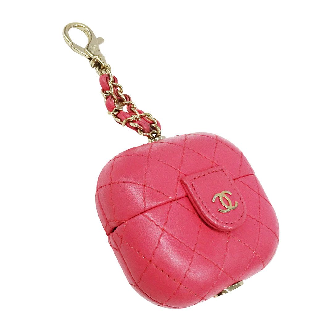 Chanel Quilted Leather Pink Gold Airpods Case Logo Showy — view 4
