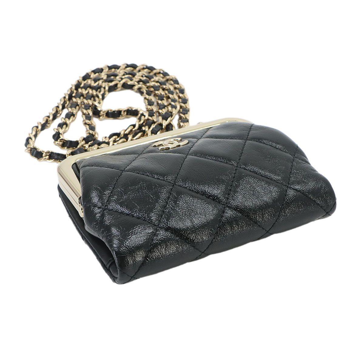 Chanel Quilted Kiss Lock Chain Wallet Leather Black Gold Shoulder — view 5