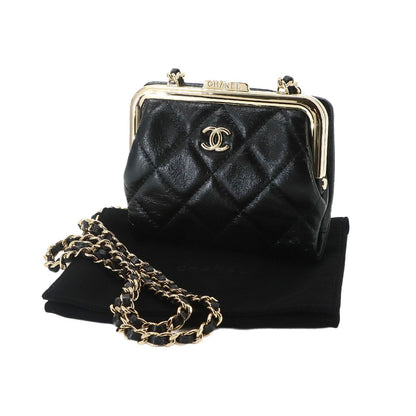 Chanel Quilted Kiss Lock Chain Wallet Leather Black Gold Shoulder — view 2