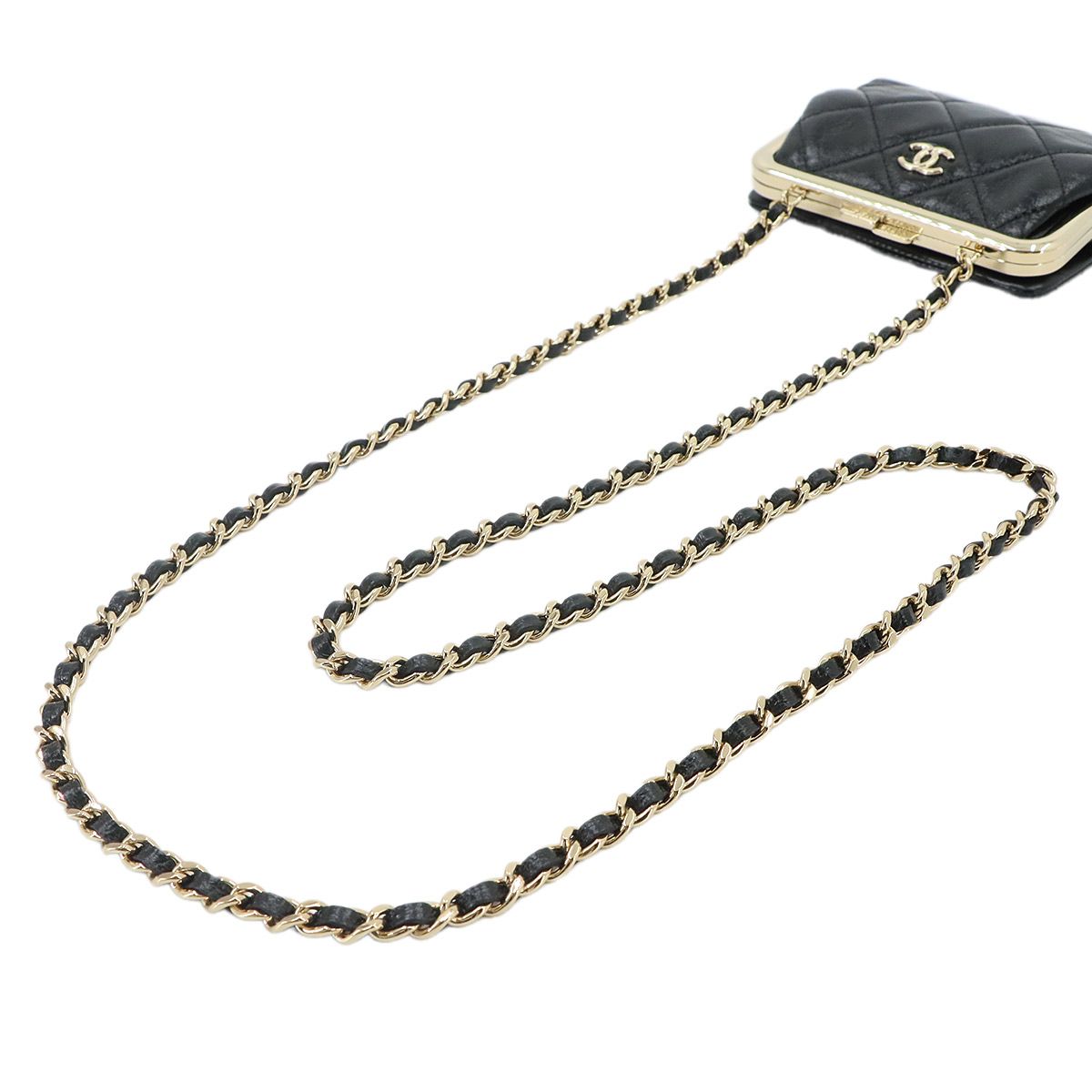 Chanel Quilted Kiss Lock Chain Wallet Leather Black Gold Shoulder — view 6