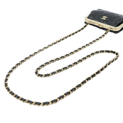 Chanel Quilted Kiss Lock Chain Wallet Leather Black Gold Shoulder — view 6