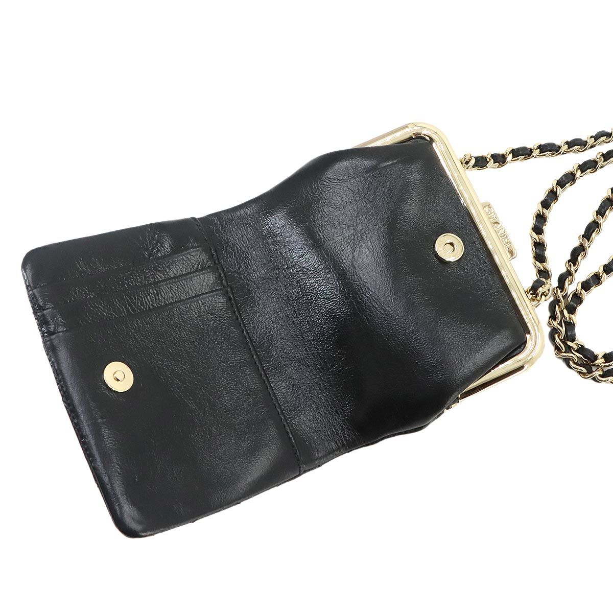 Chanel Quilted Kiss Lock Chain Wallet Leather Black Gold Shoulder — view 7