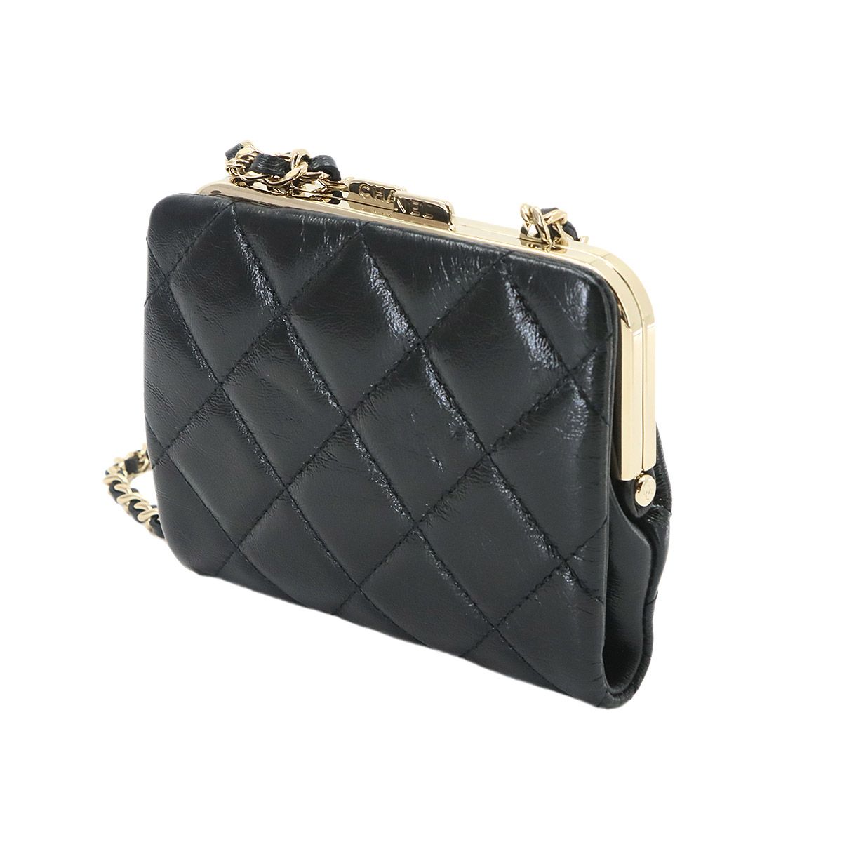 Chanel Quilted Kiss Lock Chain Wallet Leather Black Gold Shoulder — view 4