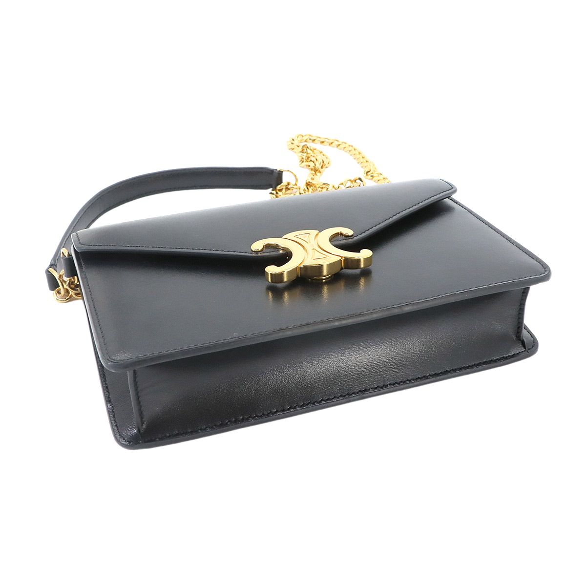 Celine Triomphe Chain Wallet Leather Black Gold Shoulder — view 4