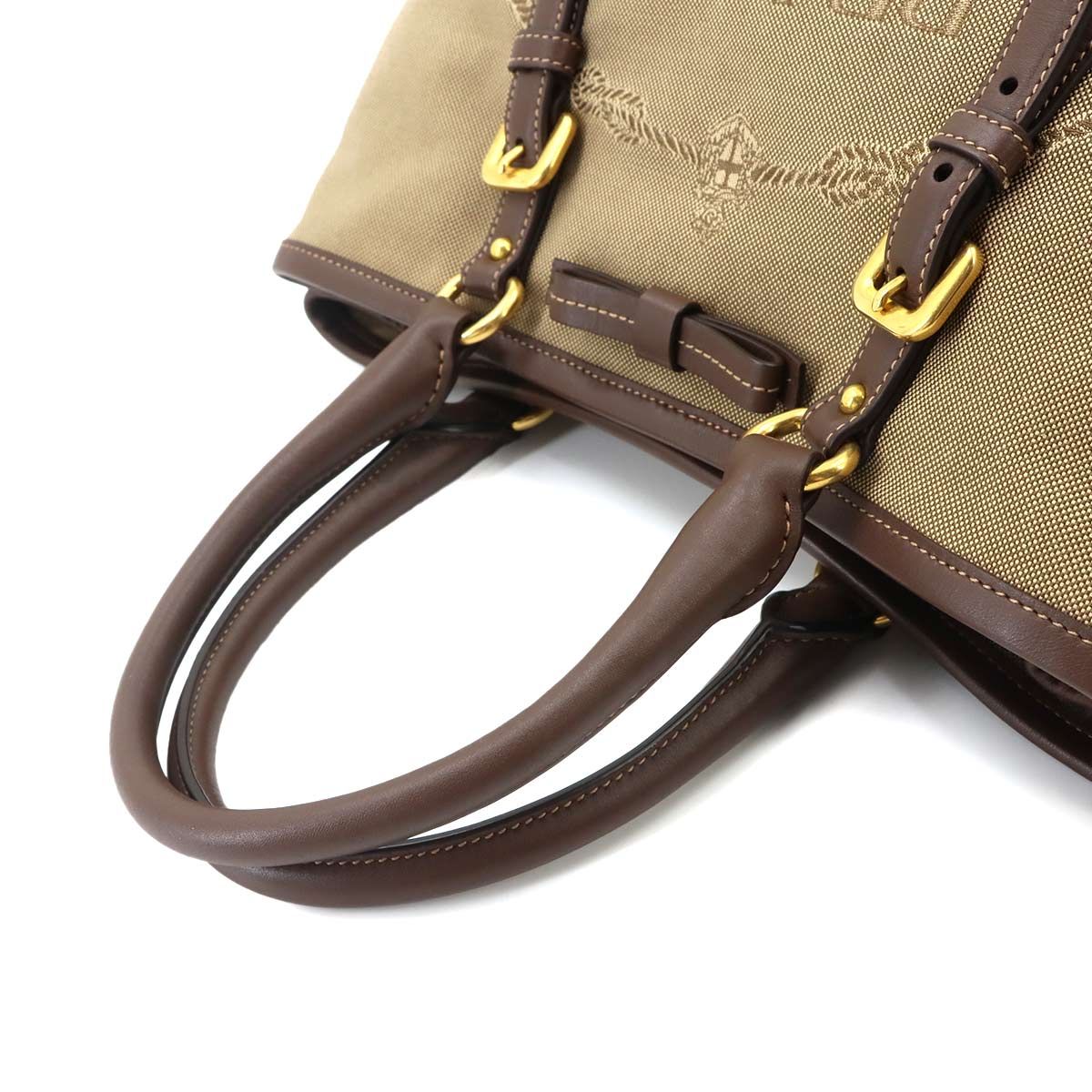 Prada Logo Jacquard Ribbon 2-Way Bag Canvas Leather Beige Brown — view 5