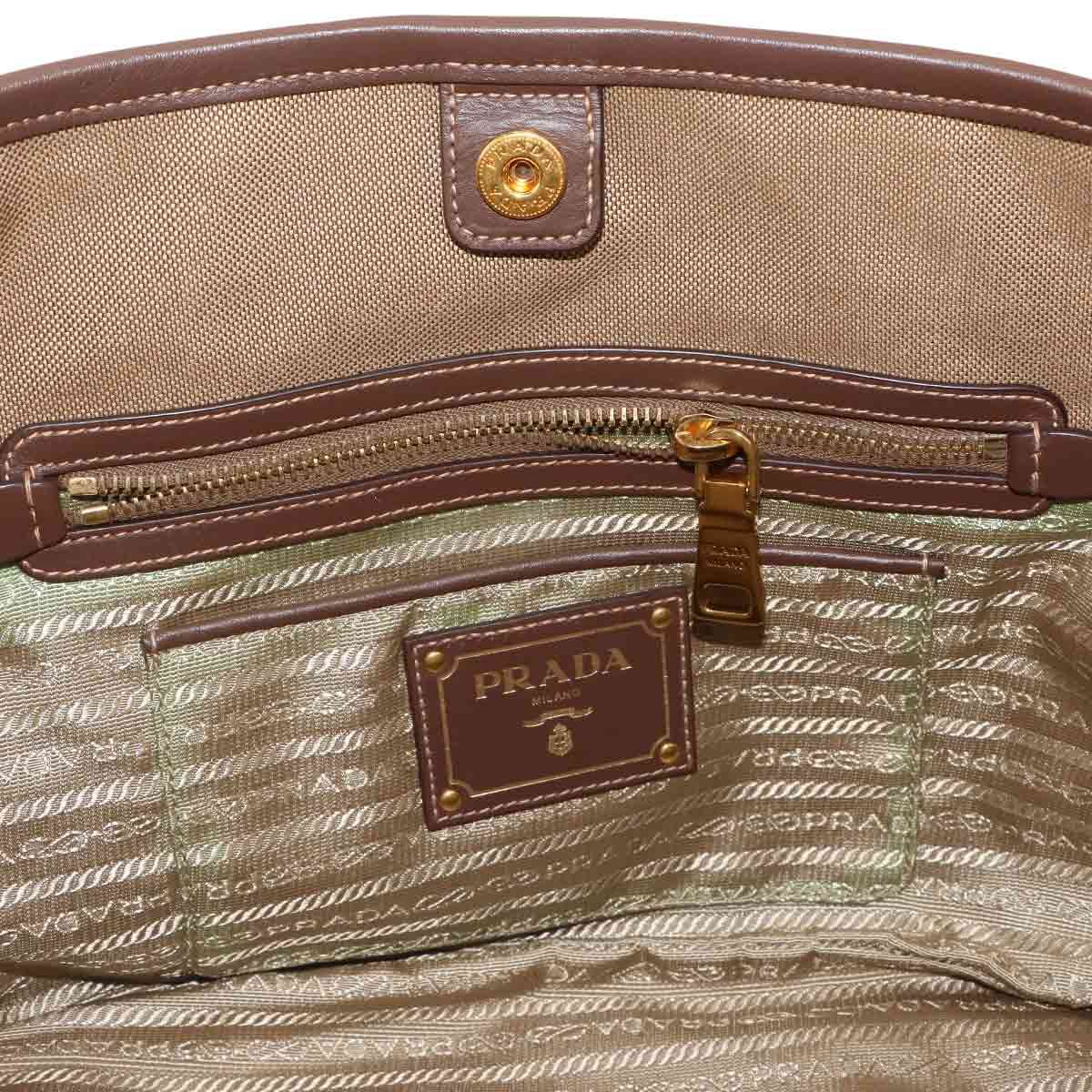 Prada Logo Jacquard Ribbon 2-Way Bag Canvas Leather Beige Brown — view 8