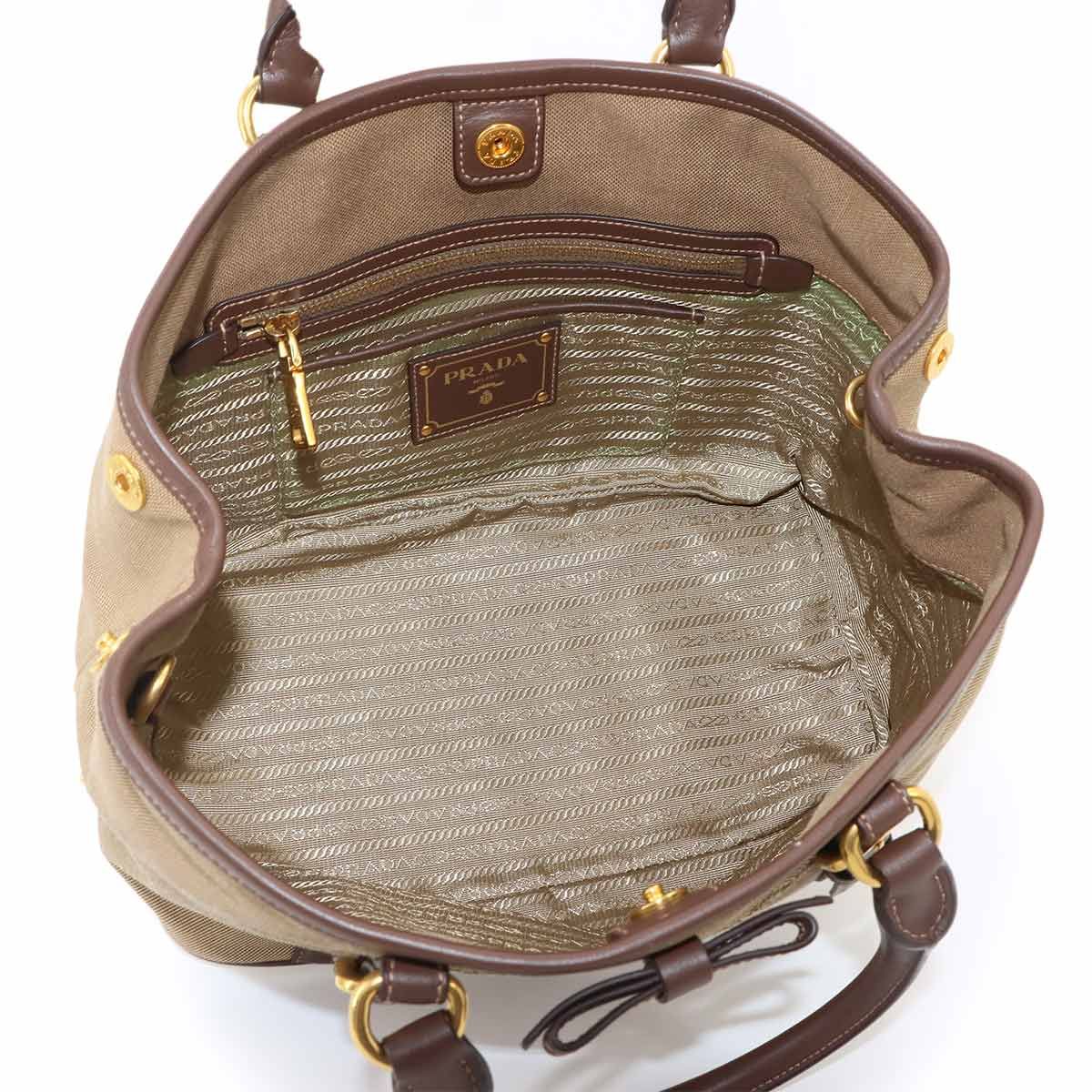 Prada Logo Jacquard Ribbon 2-Way Bag Canvas Leather Beige Brown — view 6
