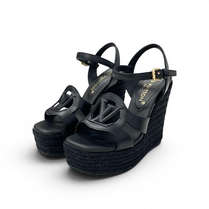 Louis Vuitton Line Sandals Leather Fabric Black LV Logo Strap