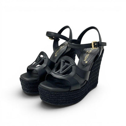 Louis Vuitton Line Sandals Leather Fabric Black LV Logo Strap