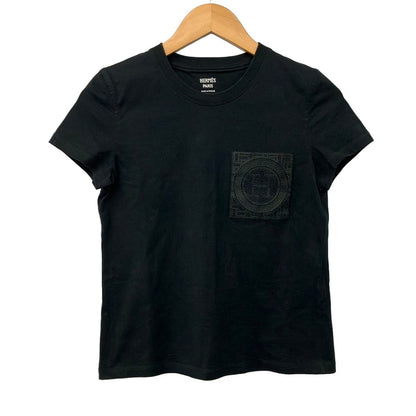 Hermes Short Sleeve T-Shirt 34 S Black Crew Neck Embroidered Pocket