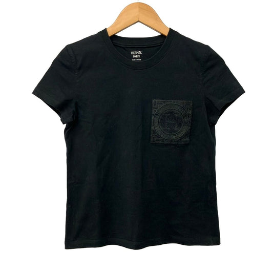 Hermes Short Sleeve T-Shirt 34 S Black Crew Neck Embroidered Pocket