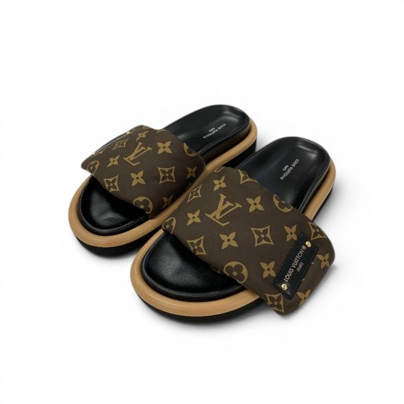 Louis Vuitton Line Monogram Sandals Nylon Leather Brown Black Logo