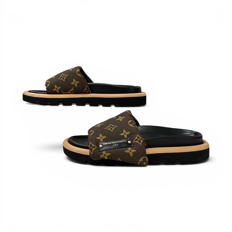 Louis Vuitton Line Monogram Sandals Nylon Leather Brown Black Logo — view 3