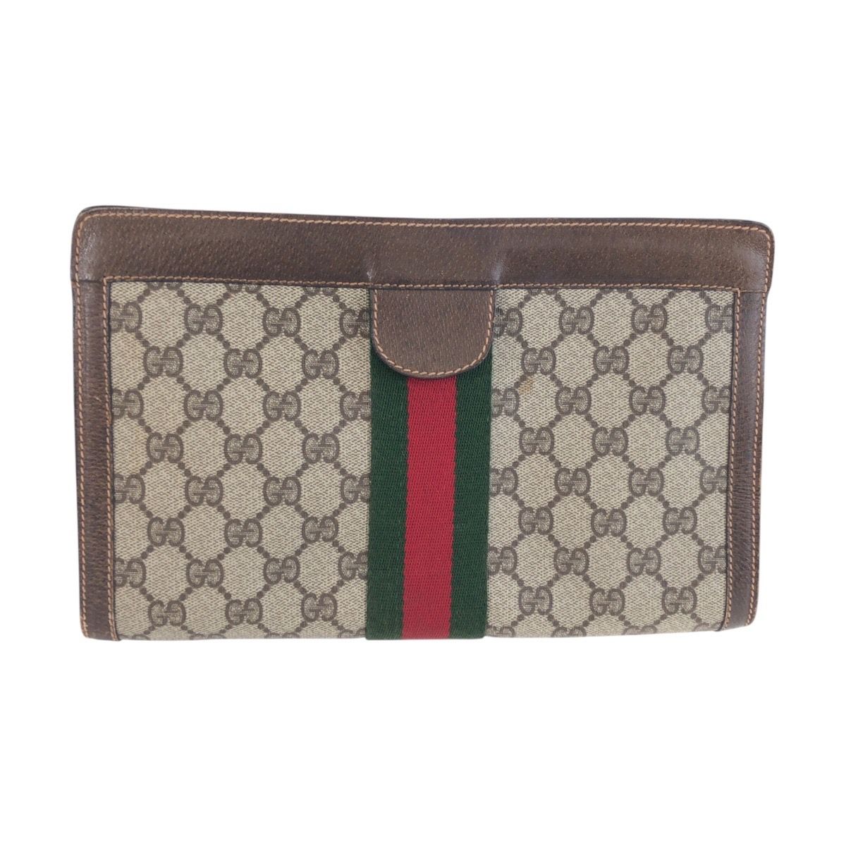 Gucci Vintage Sherry Line Brown Beige GG Supremecanvas Leather Clutch Secondbag — view 2
