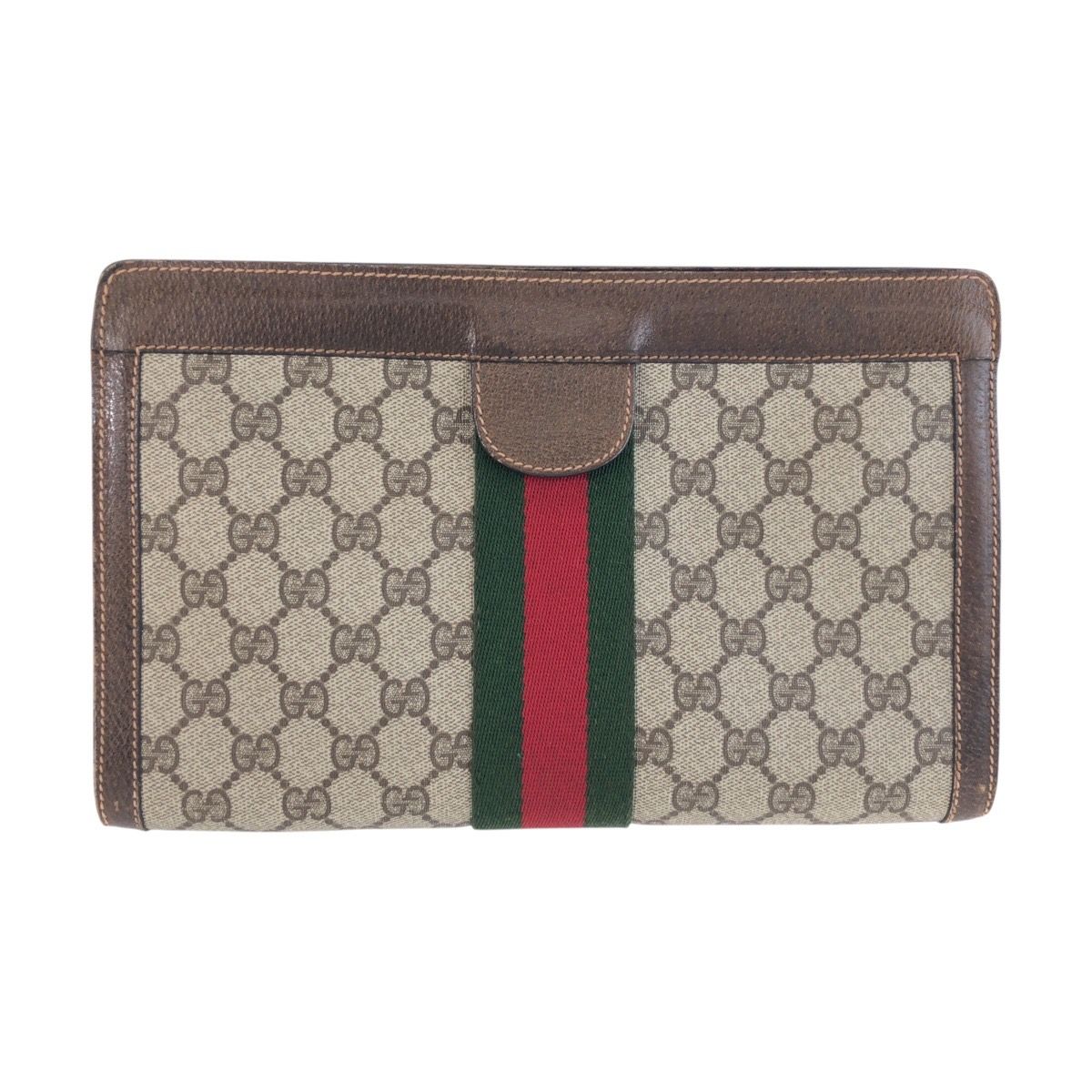 Gucci Vintage Sherry Line Brown Beige GG Supremecanvas Leather Clutch Secondbag