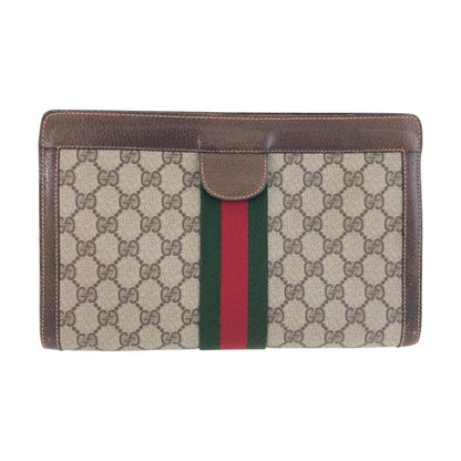 Gucci Vintage Sherry Line Brown Beige GG Supremecanvas Leather Clutch Secondbag