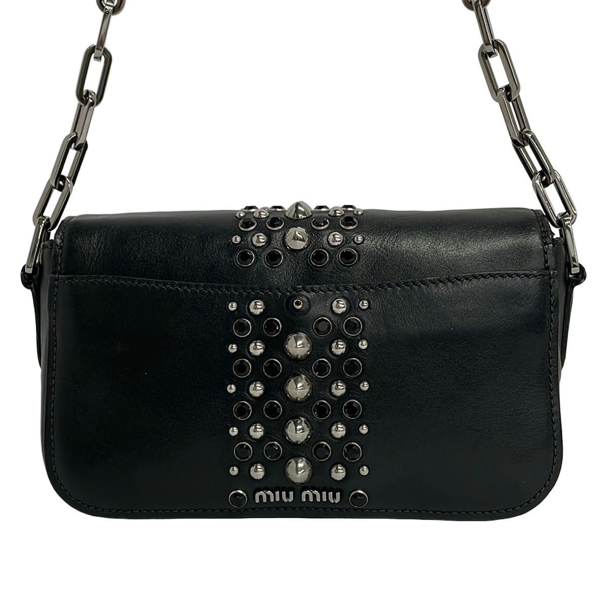 Miu Miu Shoulder Bag Black Studs Rhinestone Chain Leather — view 3