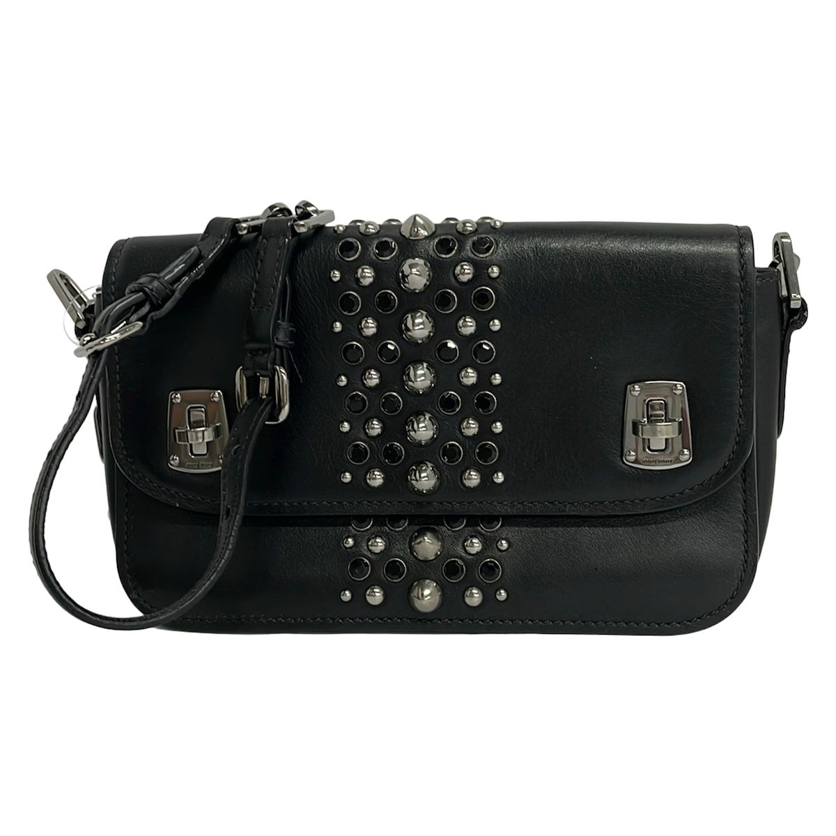 Miu Miu Shoulder Bag Black Studs Rhinestone Chain Leather