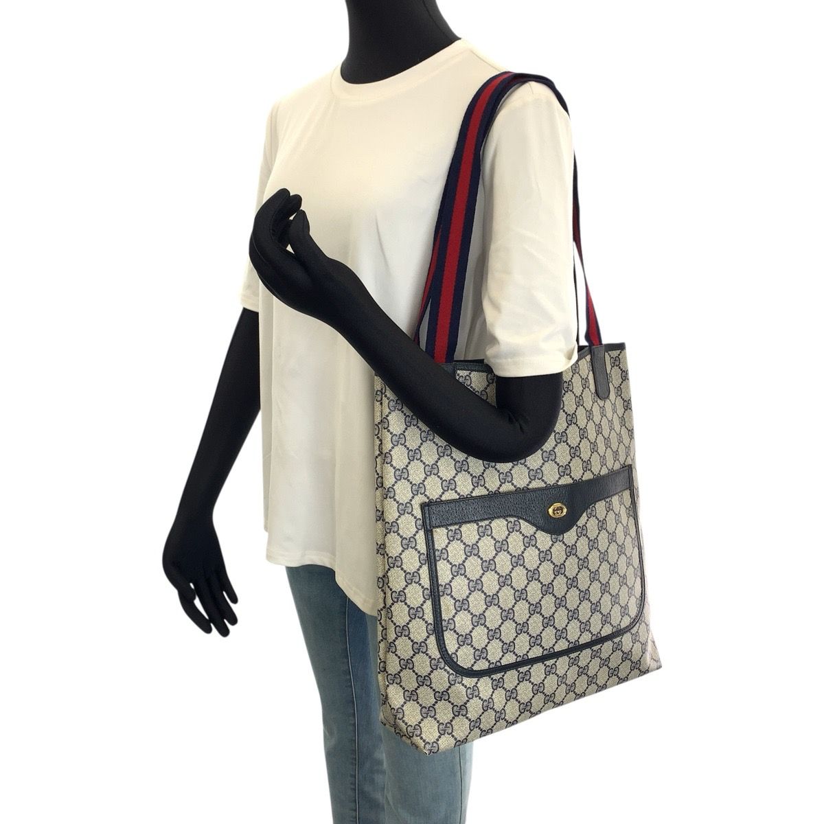 Gucci Vintage Sherry Line Navy Red GG Supremecanvas Tote — view 7