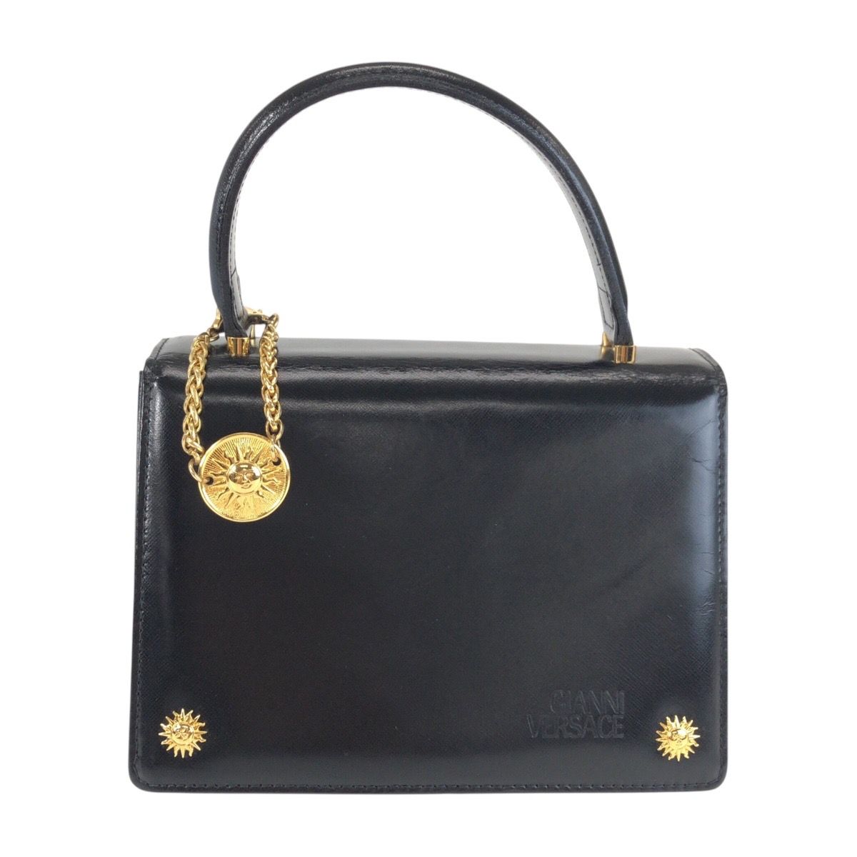 Versace Sunburst Black Gold Leather Handbag