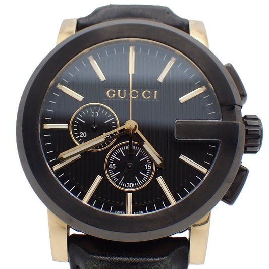 Gucci 101.2 Chronograph Quartz Watch Gold Black Dial Leather Strap Pawn