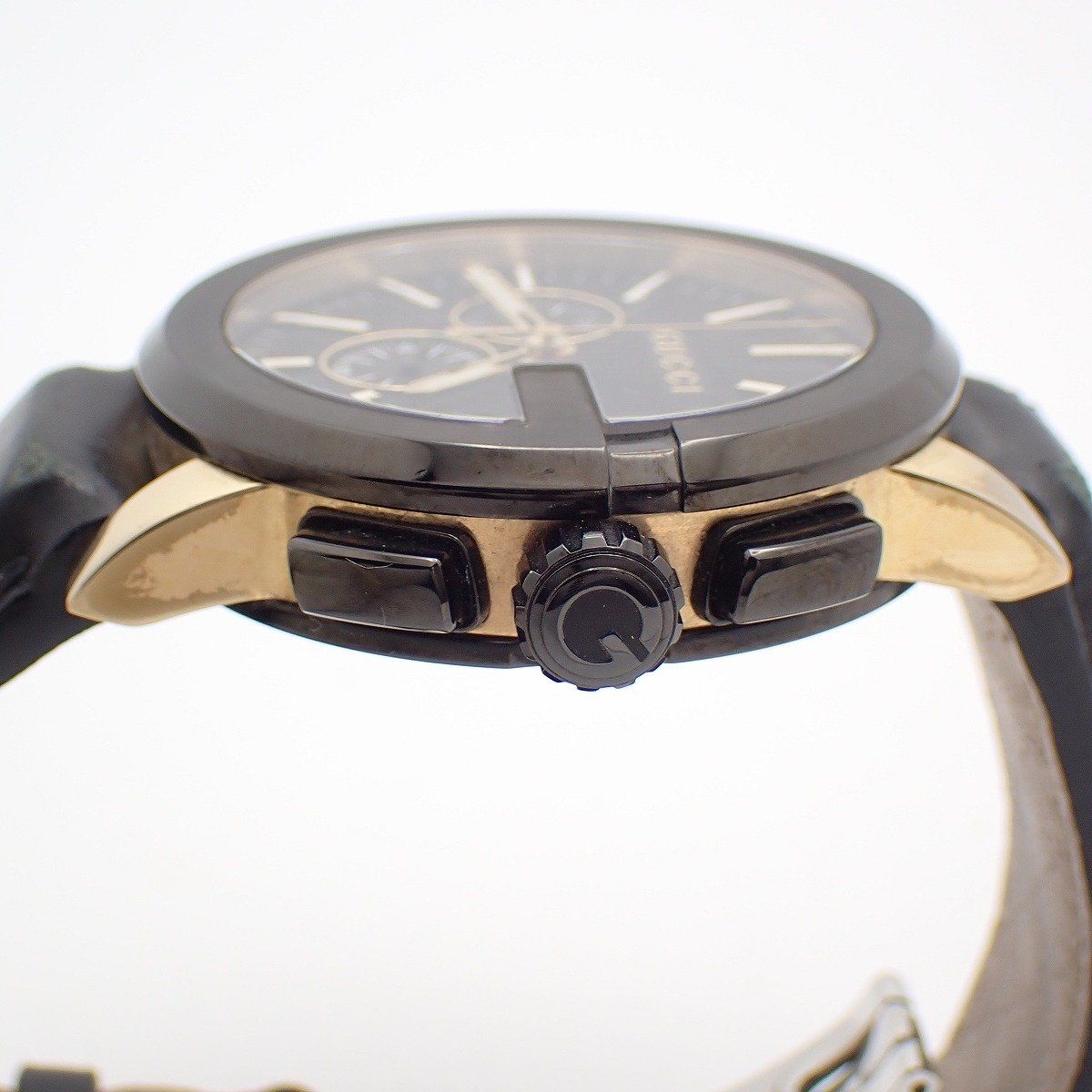 Gucci 101.2 Chronograph Quartz Watch Gold Black Dial Leather Strap Pawn — view 7