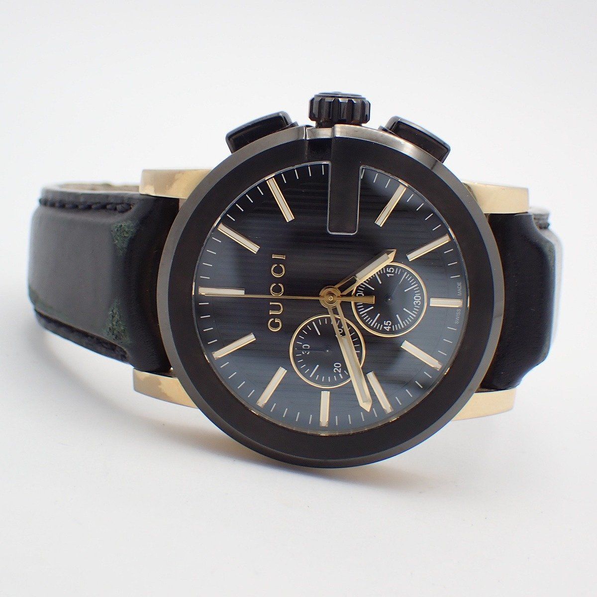 Gucci 101.2 Chronograph Quartz Watch Gold Black Dial Leather Strap Pawn — view 2