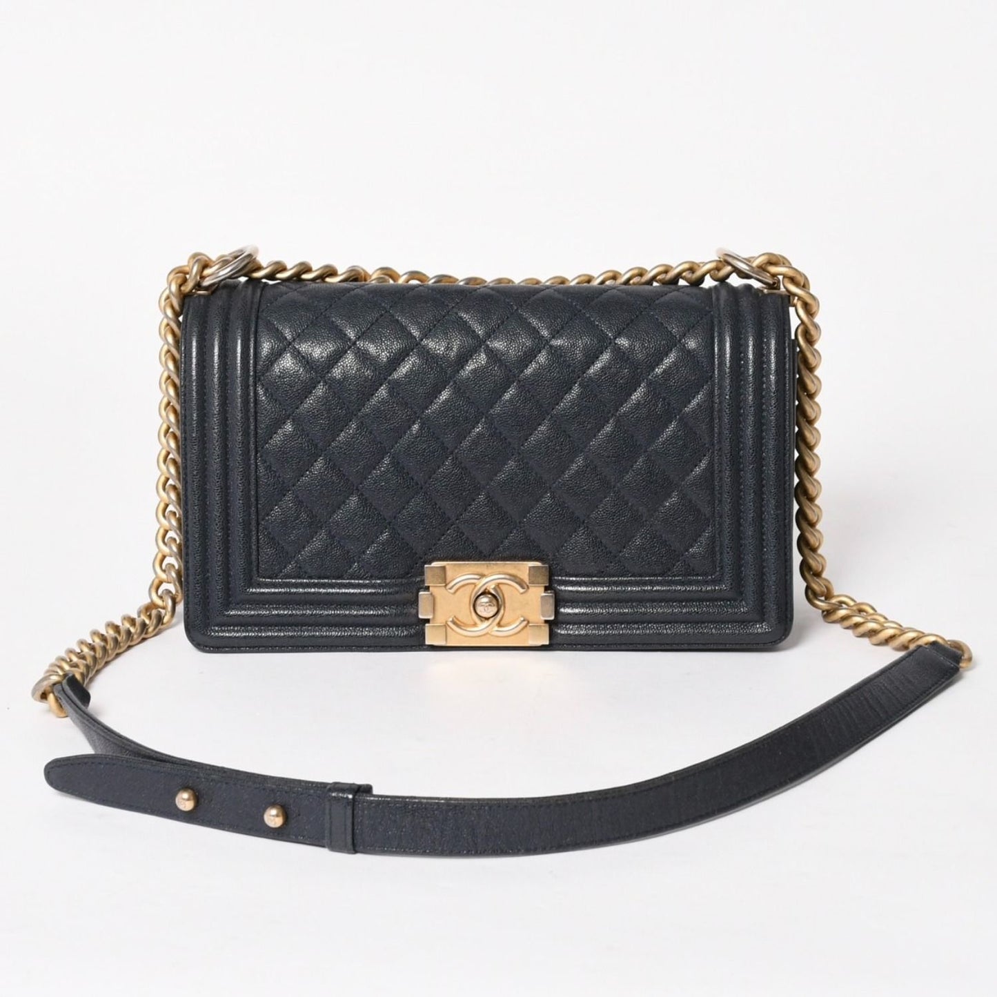 Chanel Boy Chain Shoulder Bag Caviar Askin CC Logo Navy Gold