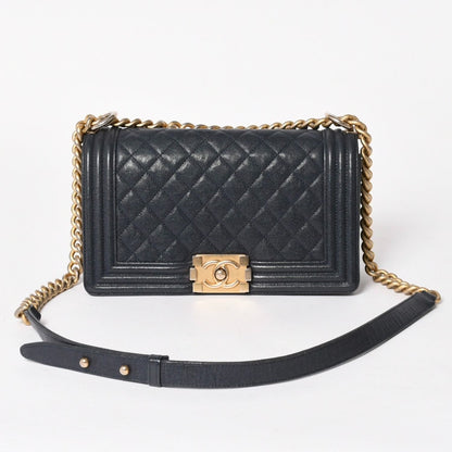 Chanel Boy Chain Shoulder Bag Caviar Askin CC Logo Navy Gold