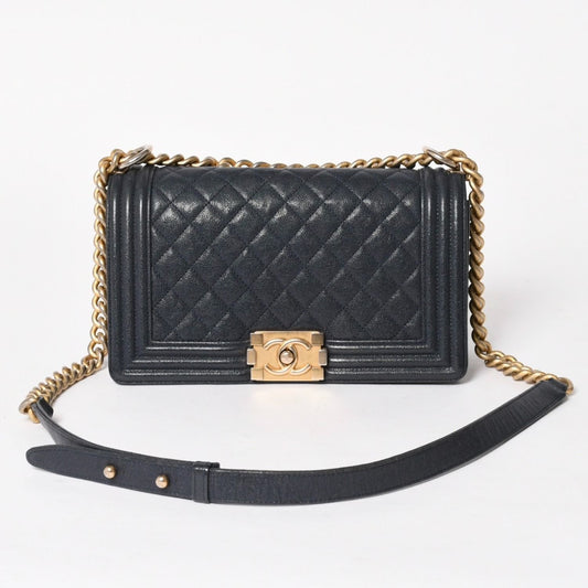 Chanel Boy Chain Shoulder Bag Caviar Askin CC Logo Navy Gold
