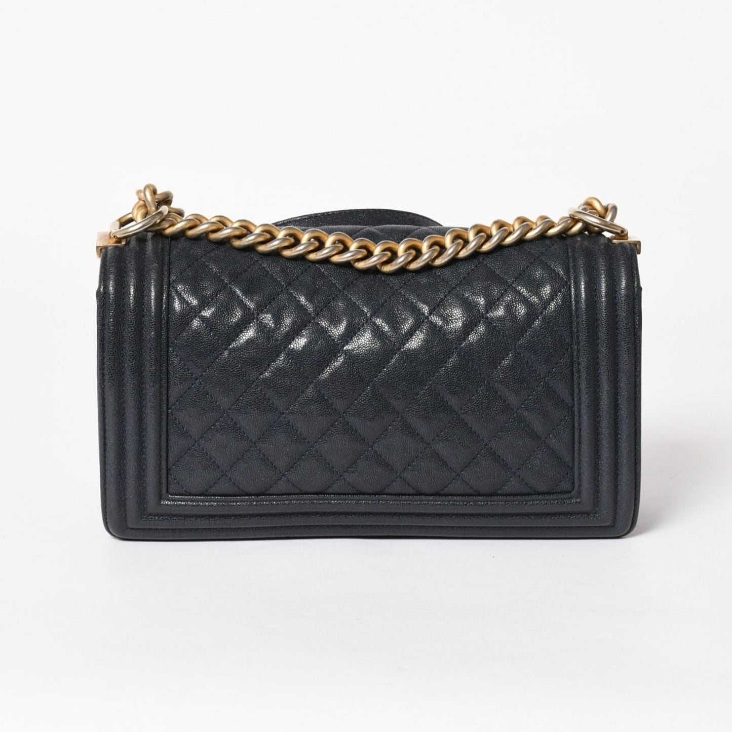 Chanel Boy Chain Shoulder Bag Caviar Askin CC Logo Navy Gold — view 2