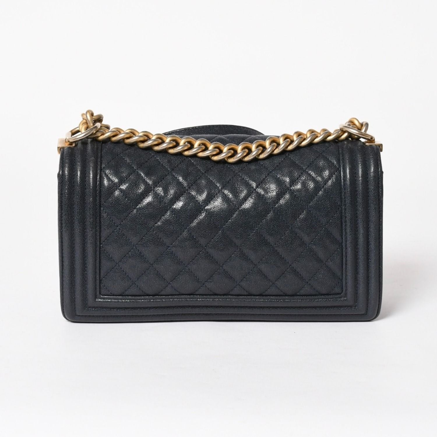 Chanel Boy Chain Shoulder Bag Caviar Askin CC Logo Navy Gold — view 2