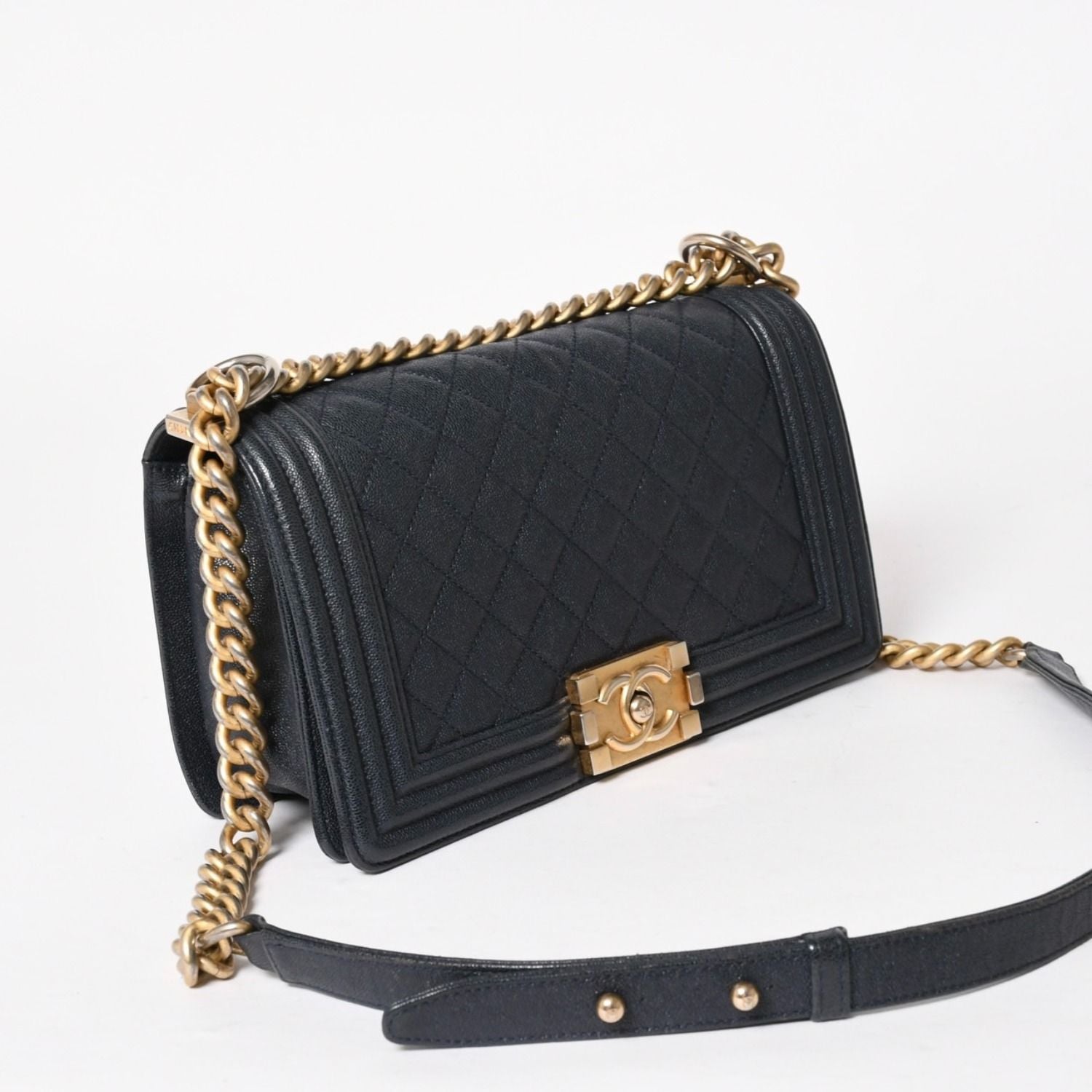 Chanel Boy Chain Shoulder Bag Caviar Askin CC Logo Navy Gold — view 3