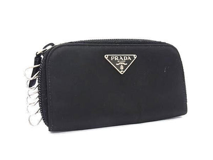 Prada Key Case Tessuto Key Black Nylon Leather Zip Around Key Holder