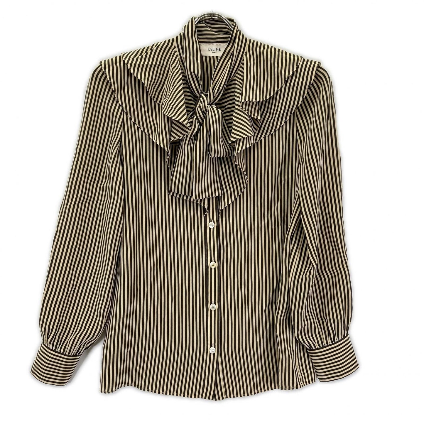 Celine Beige Brown Silk Striped Victorian Blouse 34