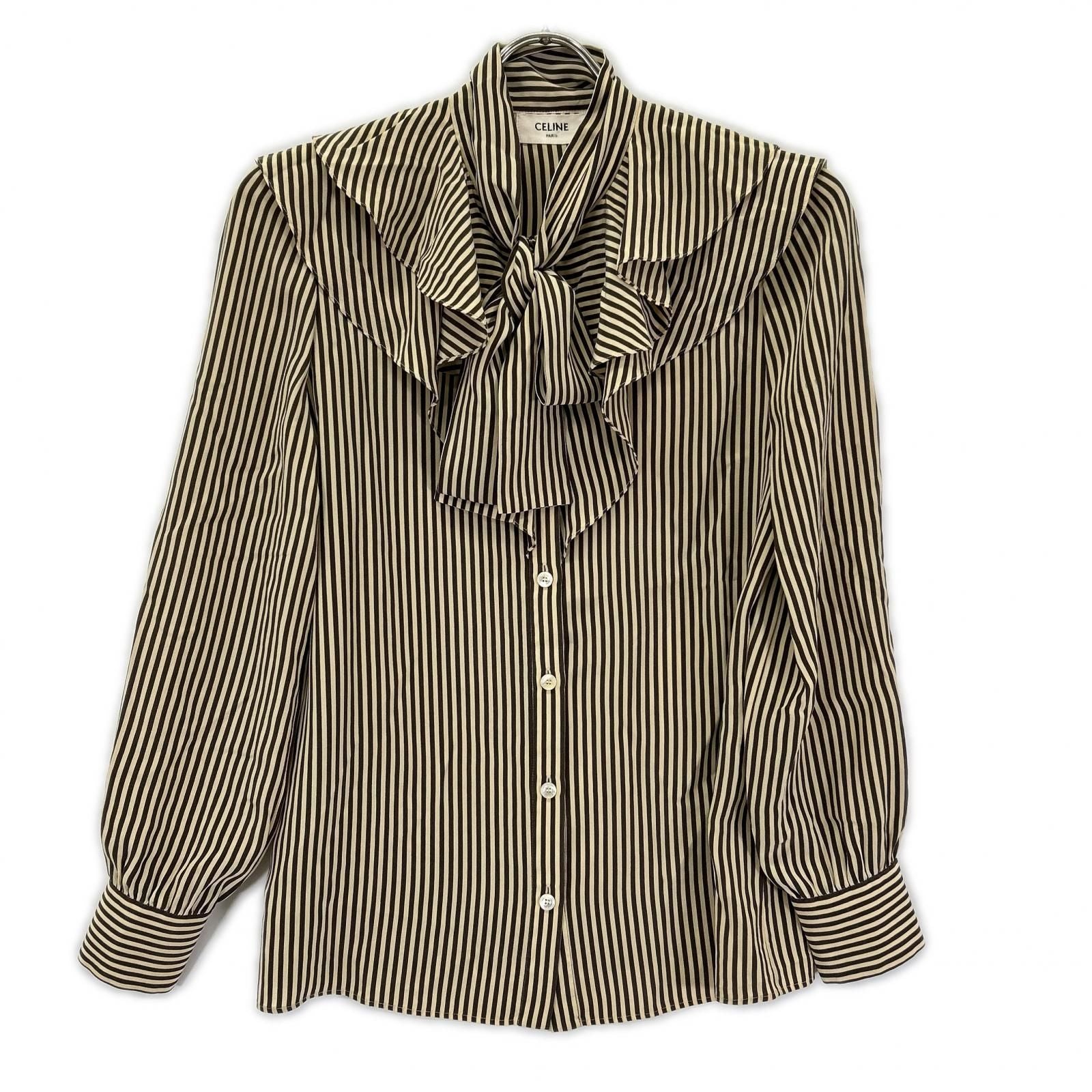 Celine Beige Brown Silk Striped Victorian Blouse 34