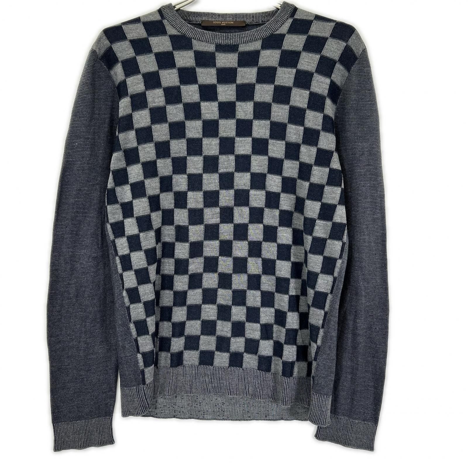 Louis Vuitton Charcoal Damier Pattern Crew Neck Long Sleeve Knit Sweater