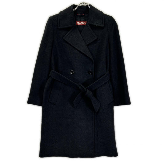 Max Mara Maxmara Studio Black Double Breasted Wool Silk Angora Belted Coat 32