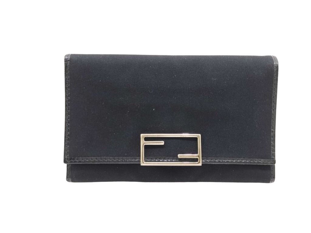 Fendi Wallet Black Canvas Leather Trifold Silver