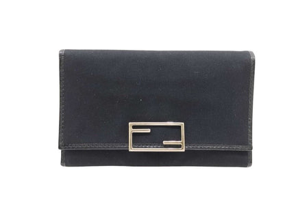 Fendi Wallet Black Canvas Leather Trifold Silver