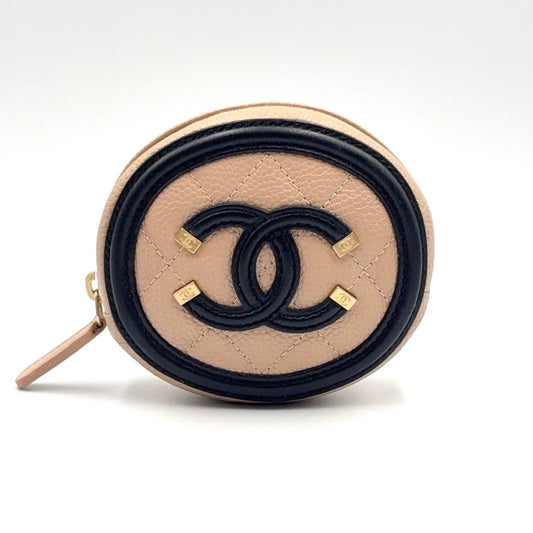 Chanel CC Stand Caviar Leather Black Beige Coin Case Gold